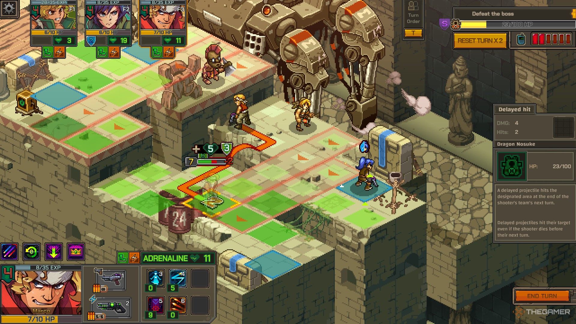 marco with a laser rifle in metal slug tactics, during the dragon nosuke boss fight.