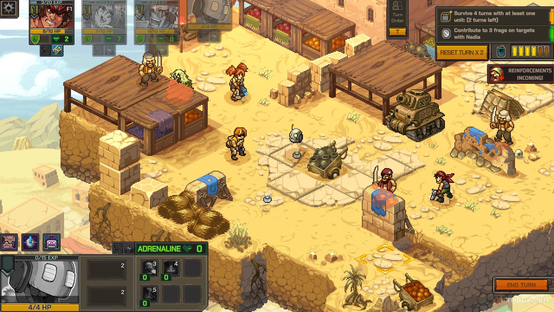 nadia's gunbot and electric mines deloyed in argun palm desert in metal slug tactics.