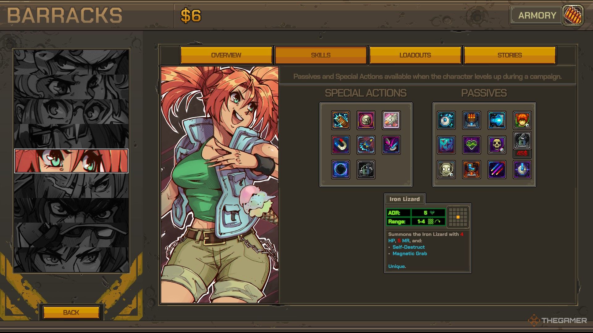 Nadia's skill screen in Metal Slug Tactics with Iron Lizard highlighted.