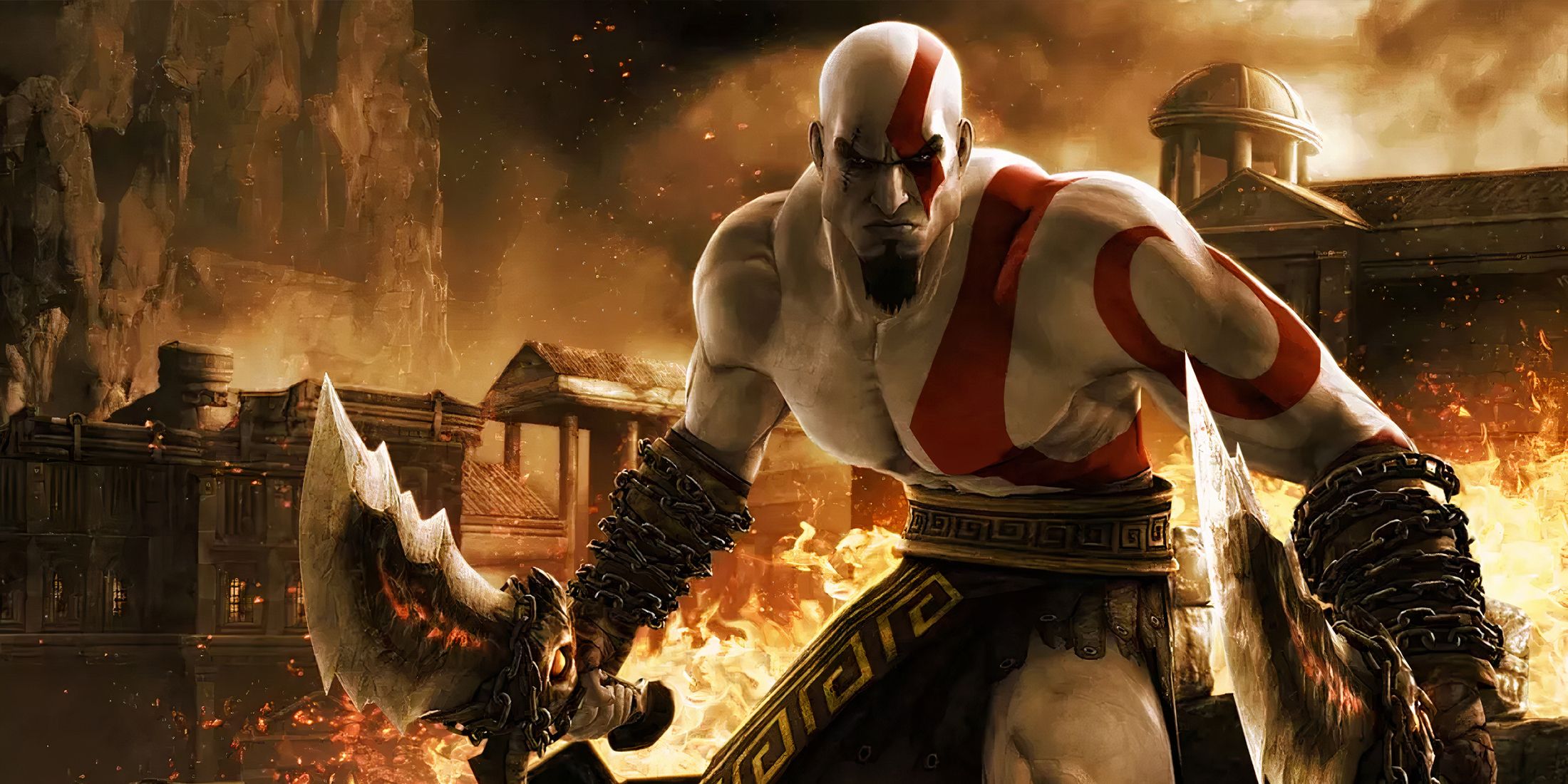 Kratos in a city on fire in God of War