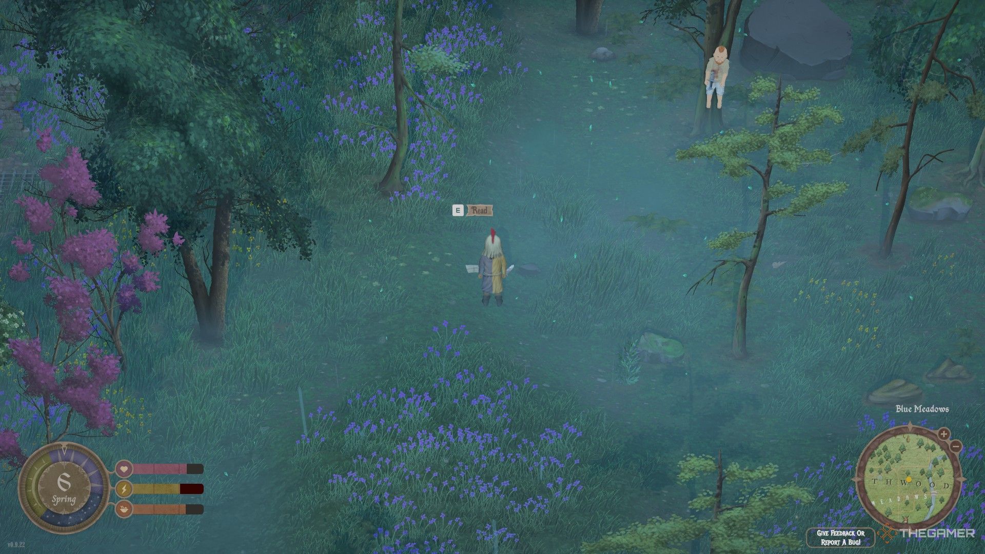 Player next to a note on the ground and a body on a tree in Mirthwood.