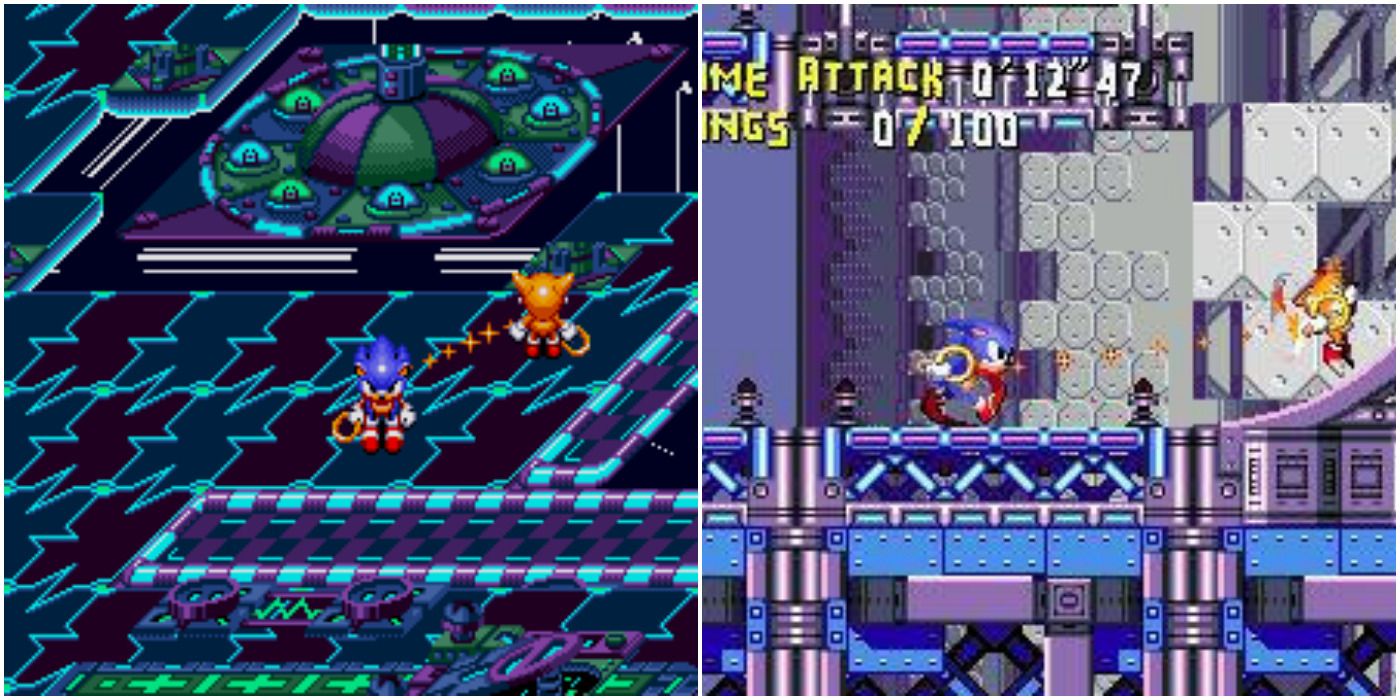 Sonic and Tails together in different levels of Sonic Crackers.