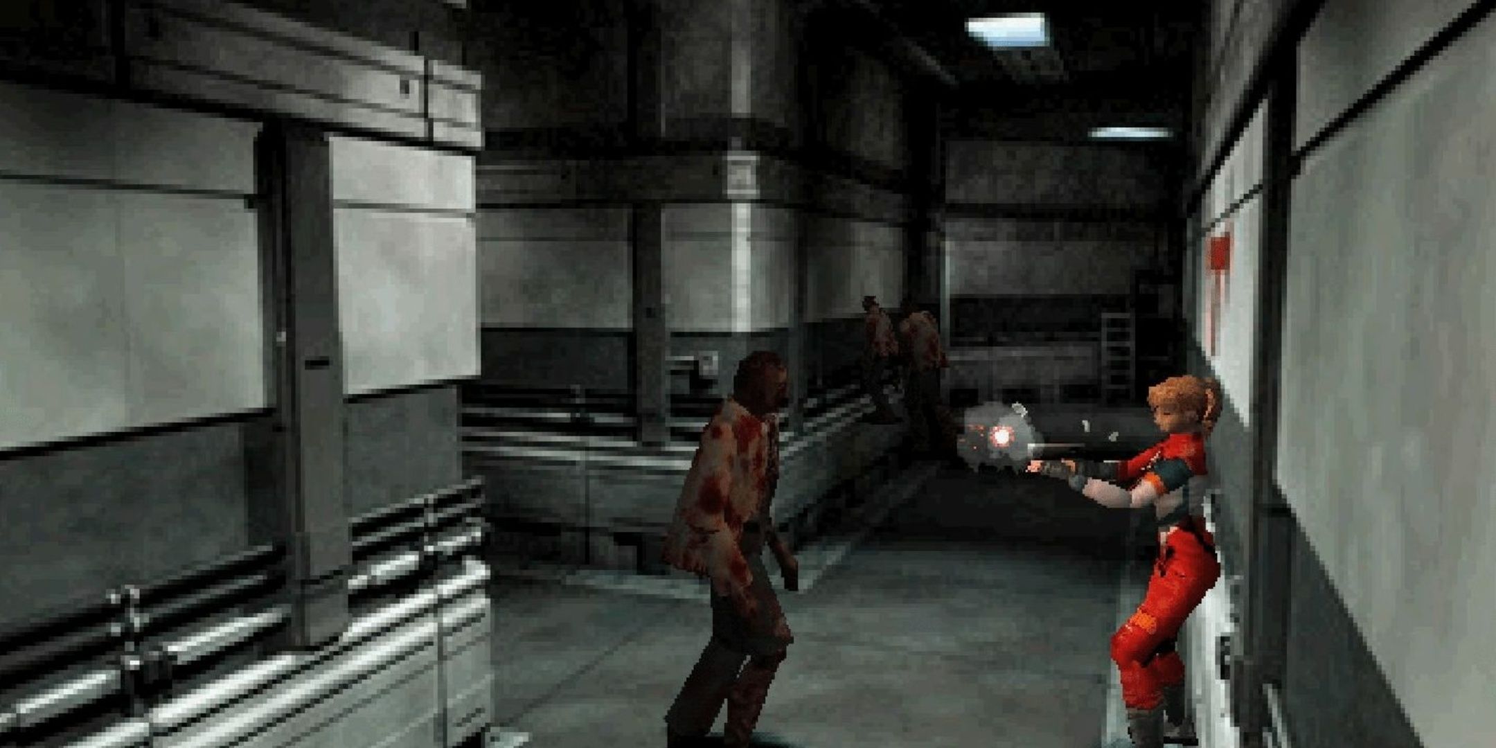 Elza Walker shooting scientist zombies in resident evil 1.5.