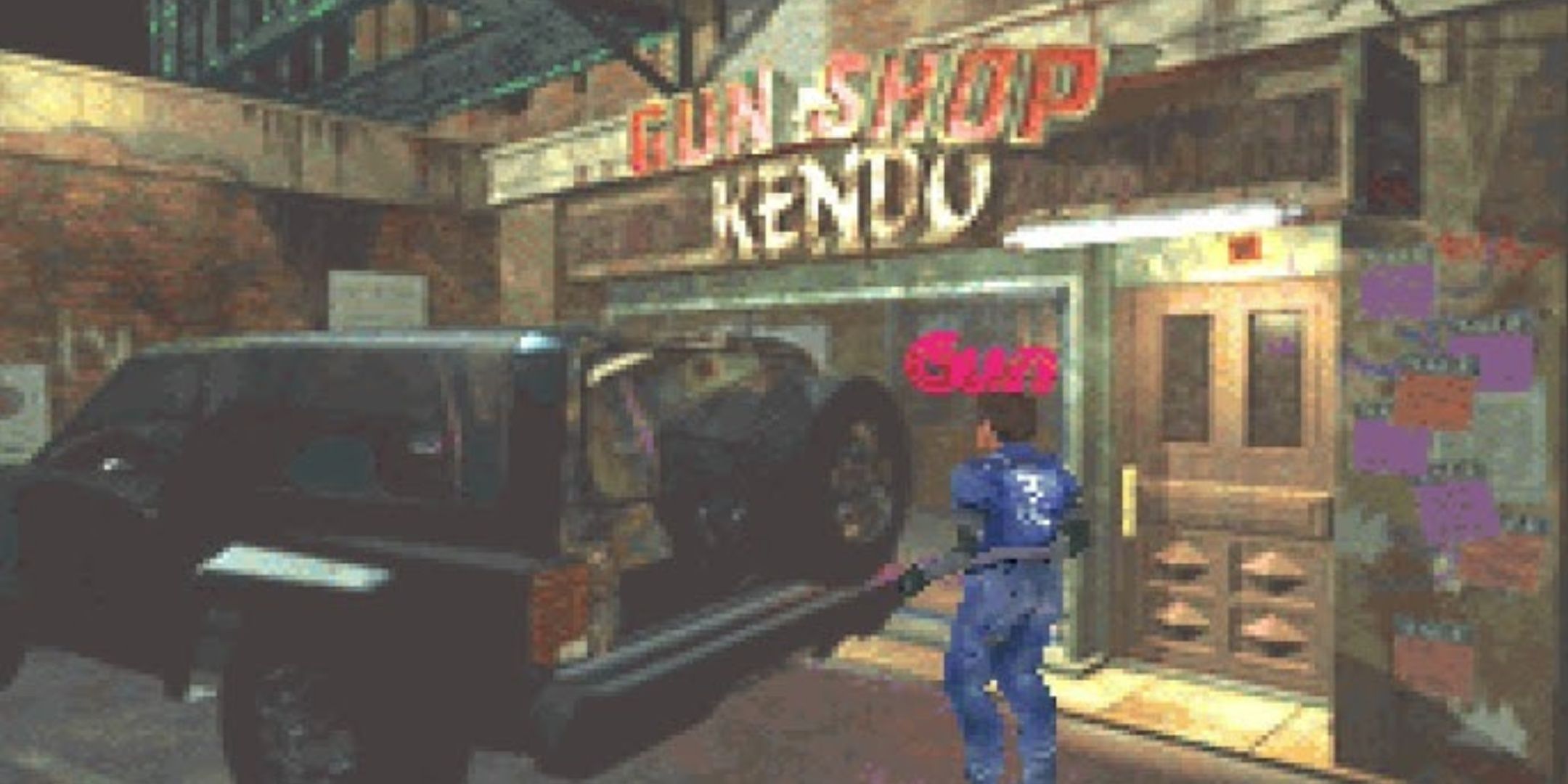 Leon Kennedy by a gun shop in the game boy advance version of resident evil 2.