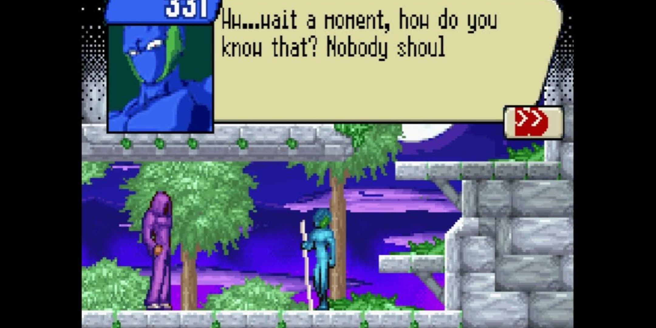 Two characters speaking in blue angelo.