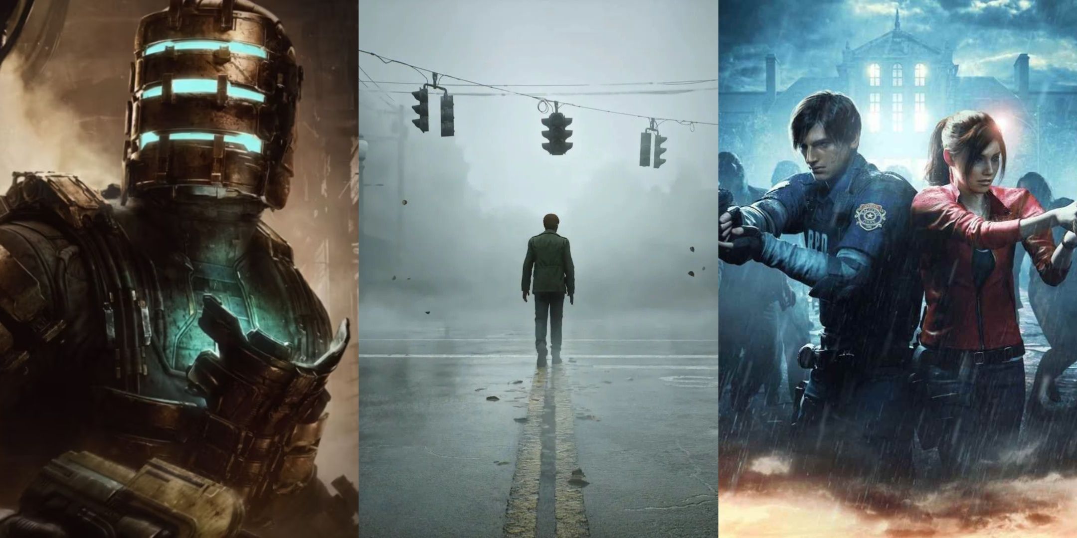 Key art for the remakes of Dead Space, Silent Hill 2, and Resident Evil 2.