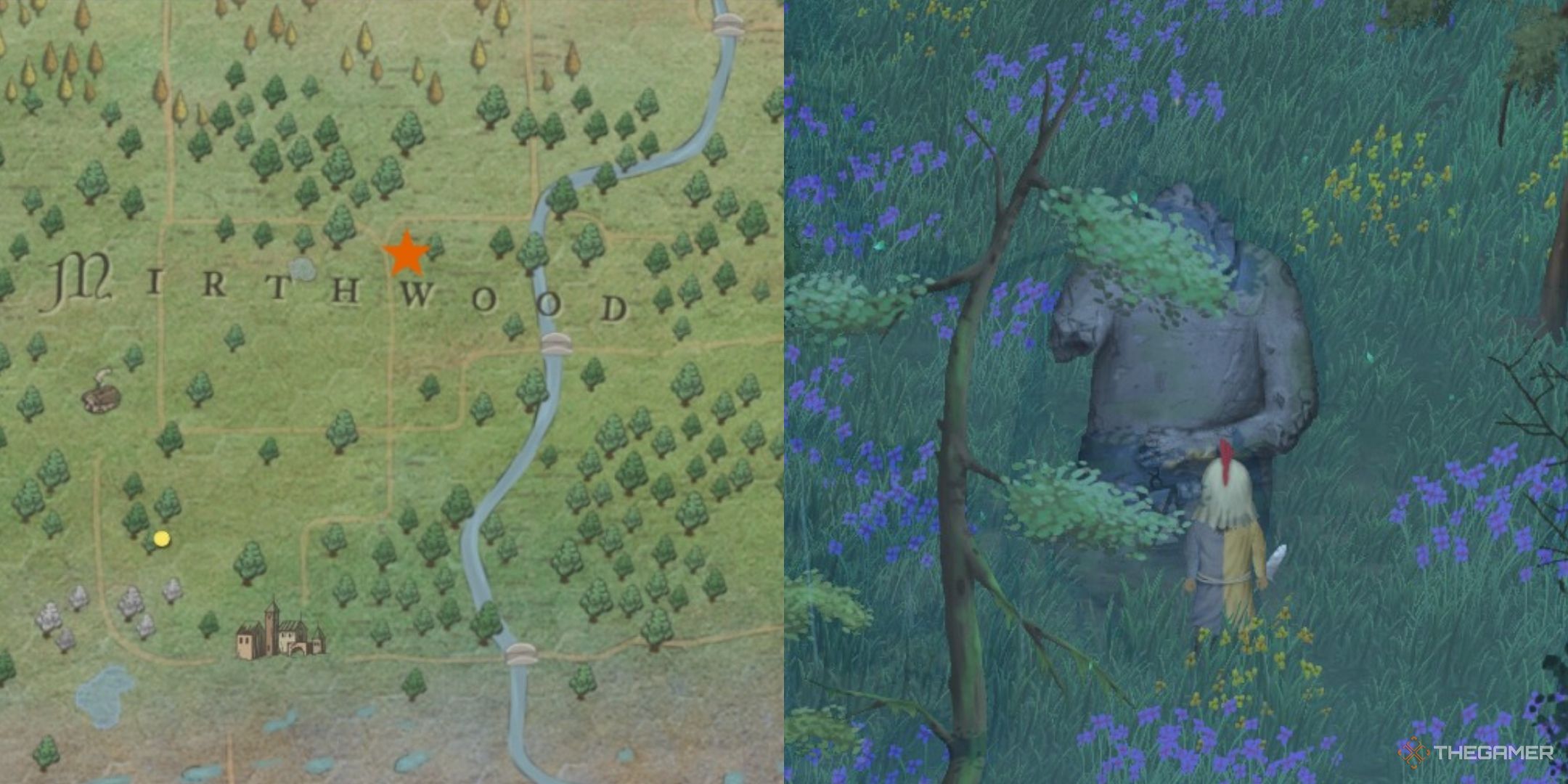 An orange star on the map and a player facing a statue in Mirthwood.