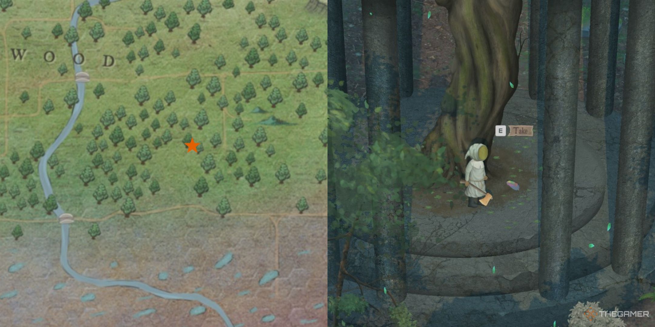 An orange star on the map and a player with an axe, next to a Fabled Feather.