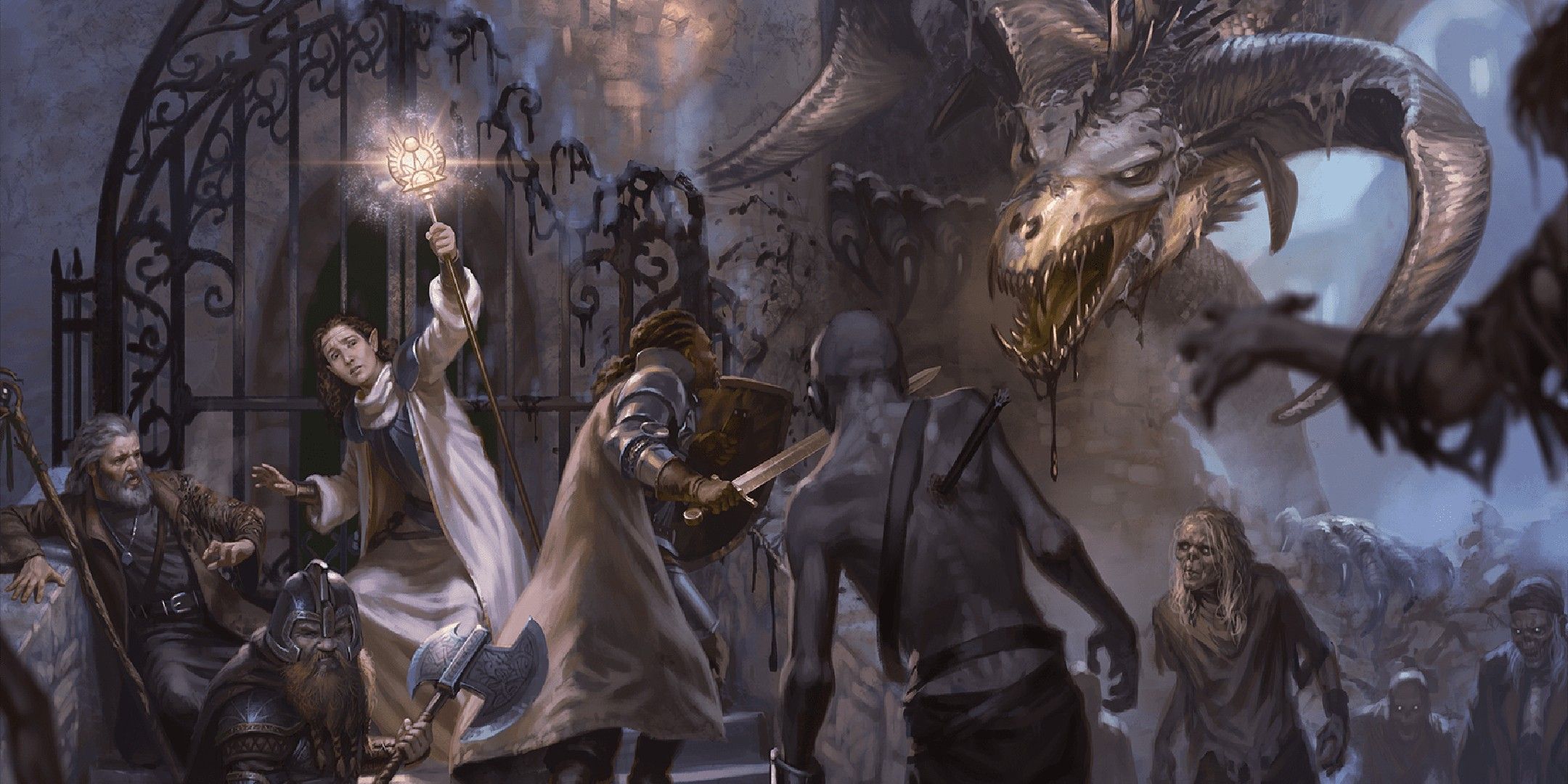 Dungeons & Dragons image showing adventurers surrounded by zombies and a dragon. 