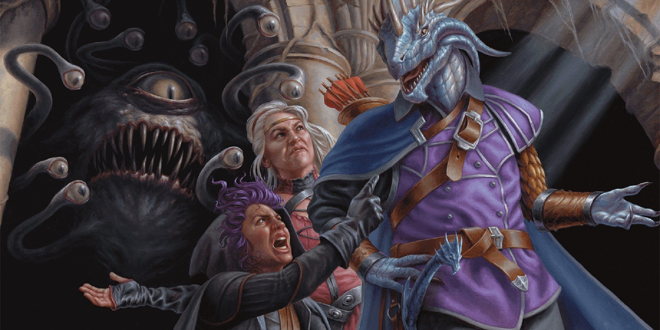 Dungeons & Dragons image showing a party arguing while a beholder lurks behind.