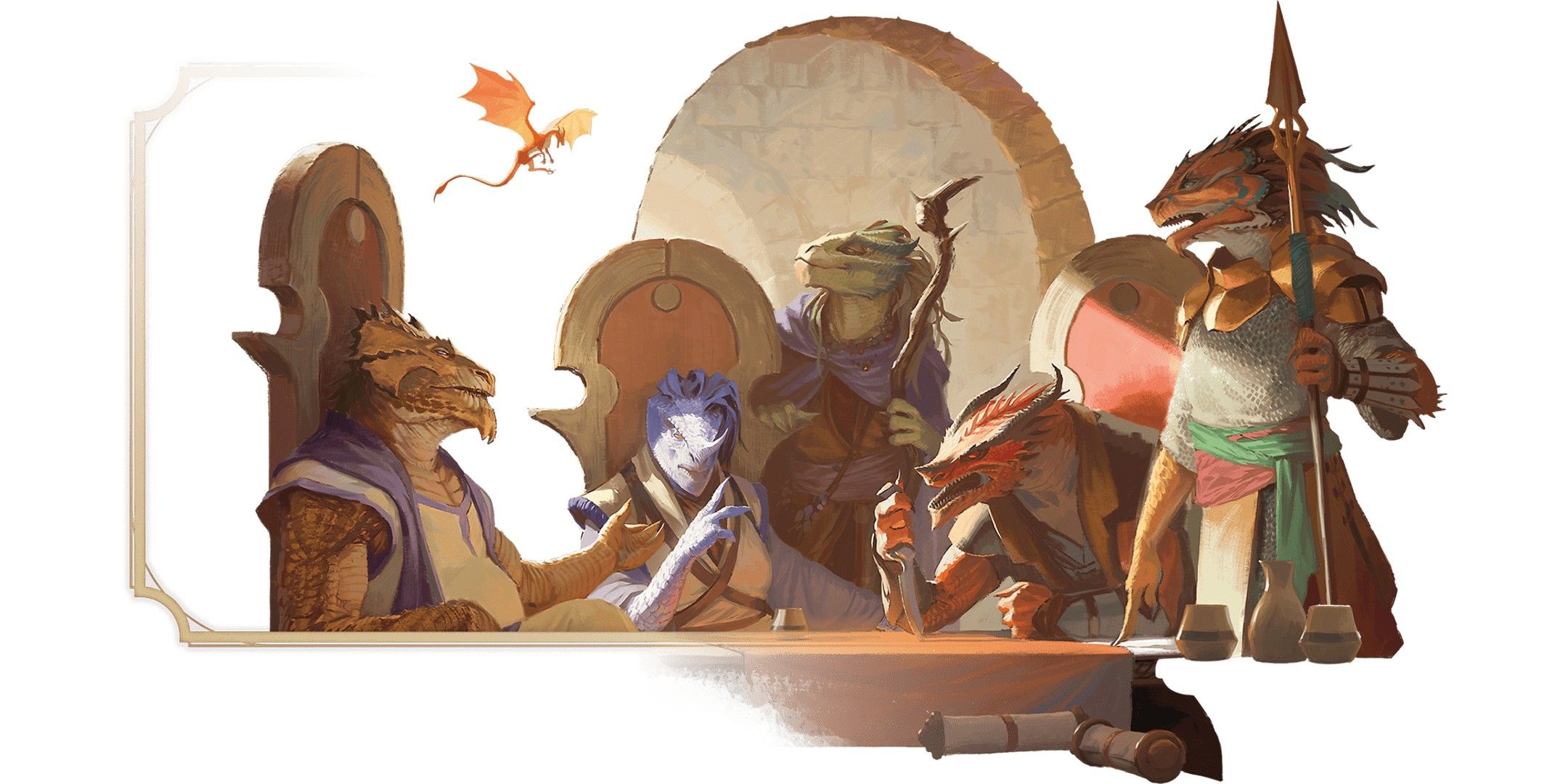 Dungeons & Dragons image showing several dragonborn talking.