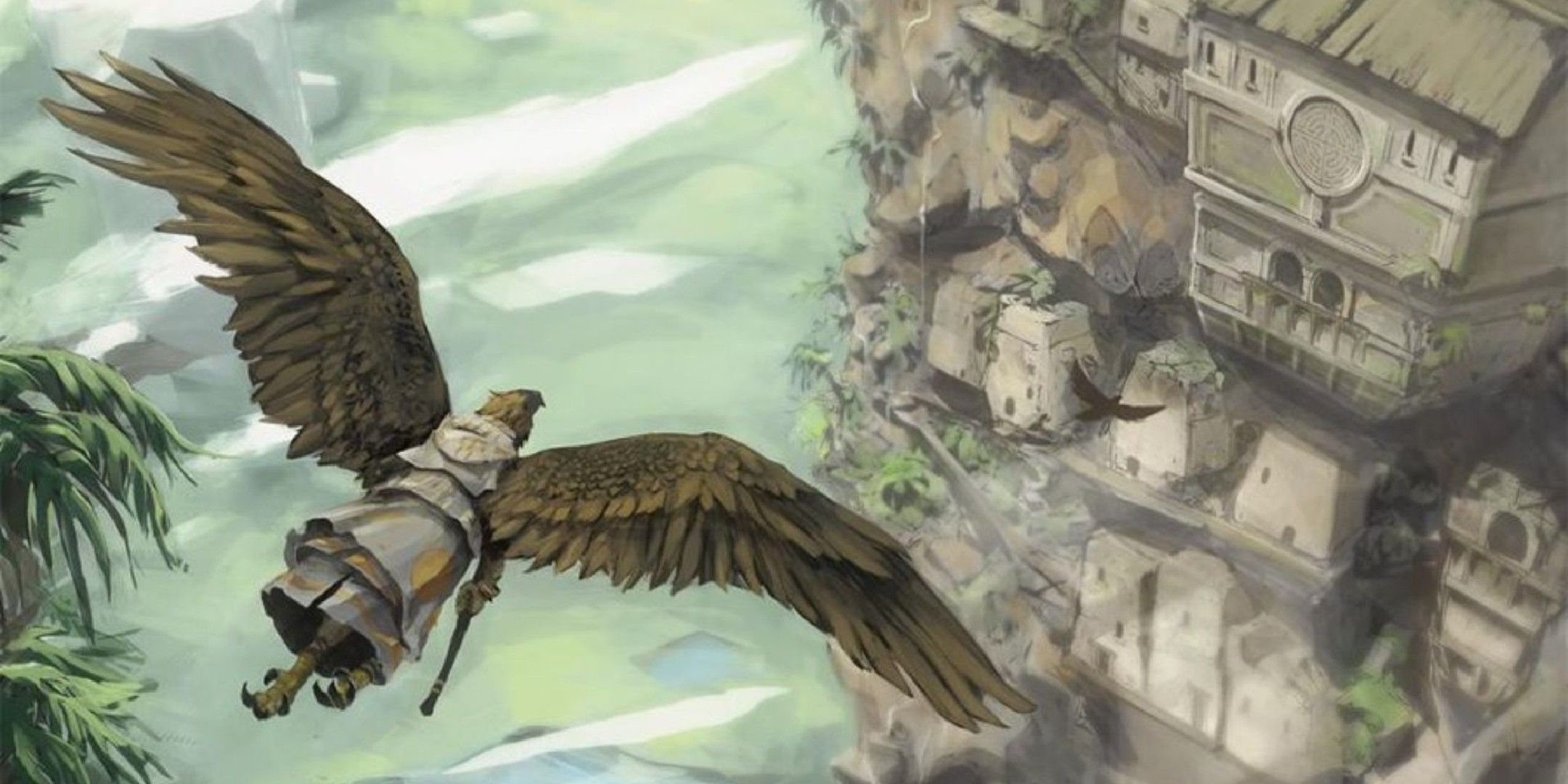 Dungeons & Dragons image showing an aarakocra flying over a city.