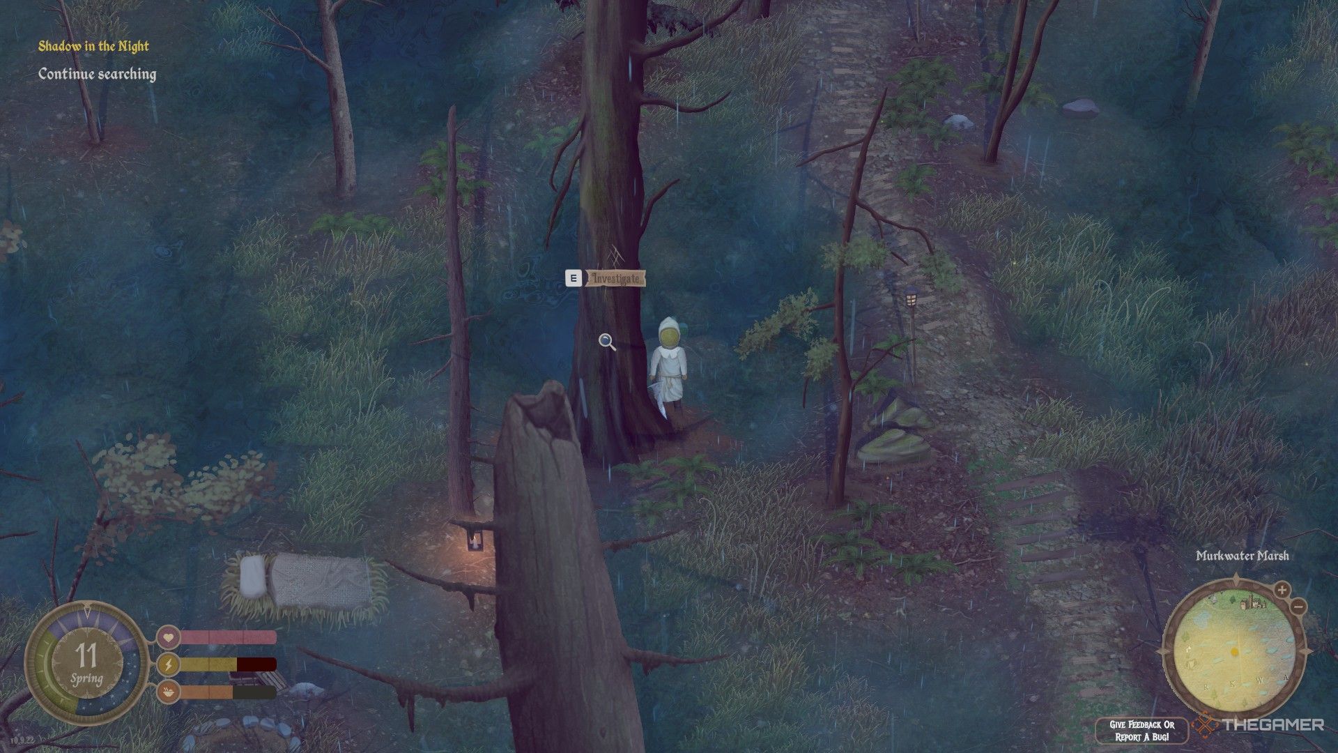 Player near a tree with a magnifying glass icon on it in Mirthwood.