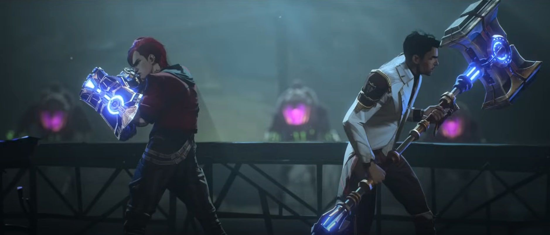 An image of Vi using the Atlas gauntlets and Jayce using the Mercury Hammer in Arcane