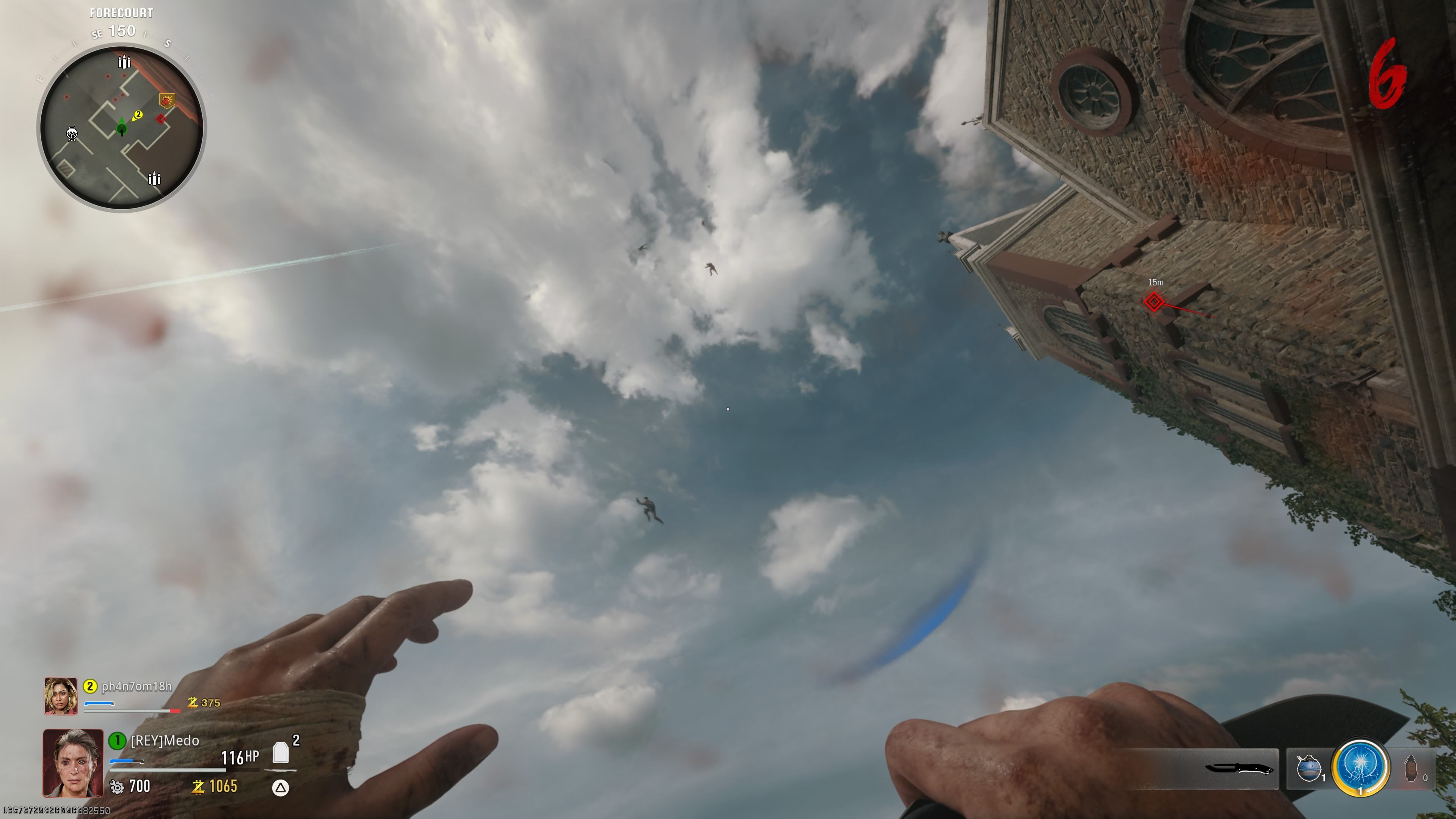 Player is looking at the sky and seeing two zombies falling - bo6