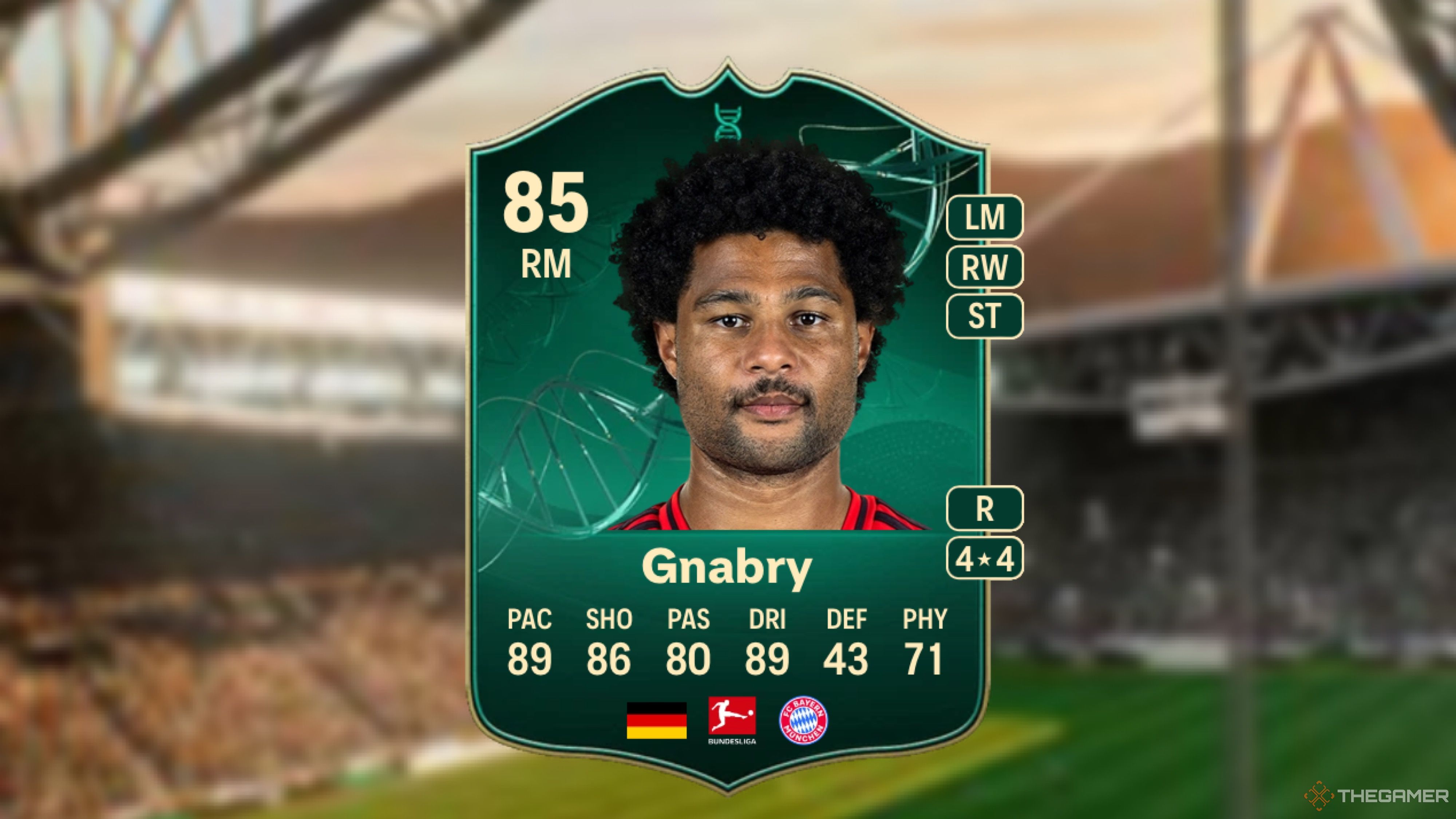 Image showing Gnabry card against a faded stadium background.