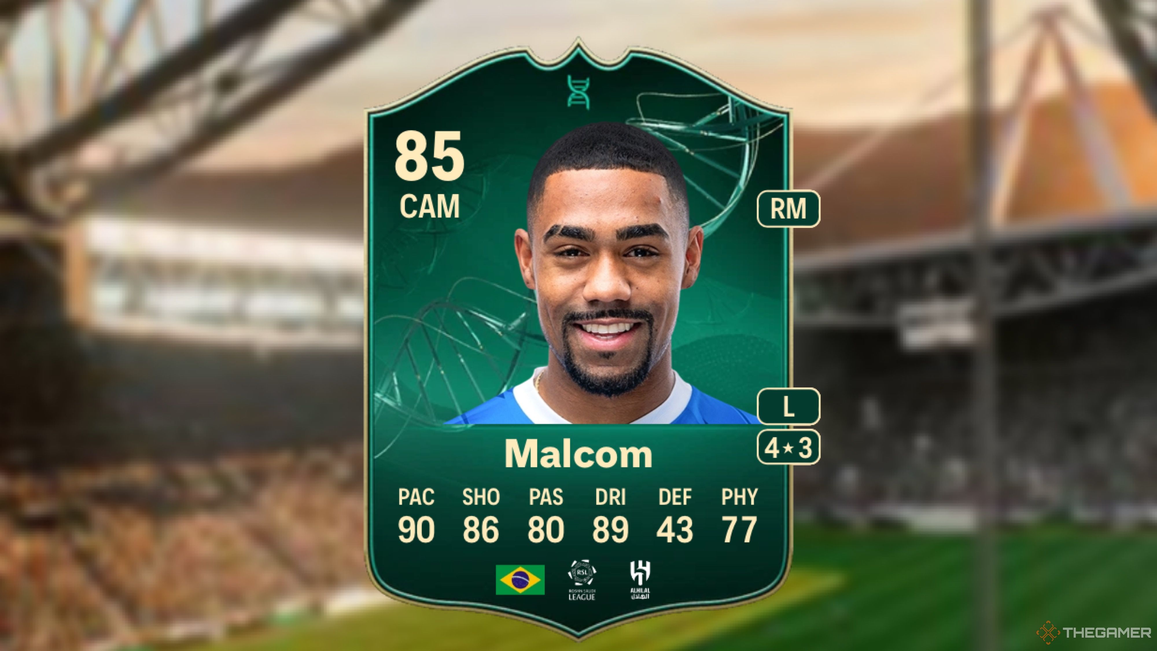 Image showing Malcom card against a faded stadium background.