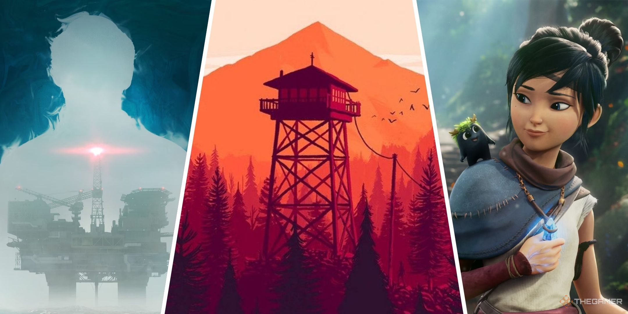 Three-image collage of the main art for Still Wakes the Deep with the oil rig, the main art for Firewatch with the watchtower, and the main art for Kena: Bridge of Spirits featuring the main protagonist.