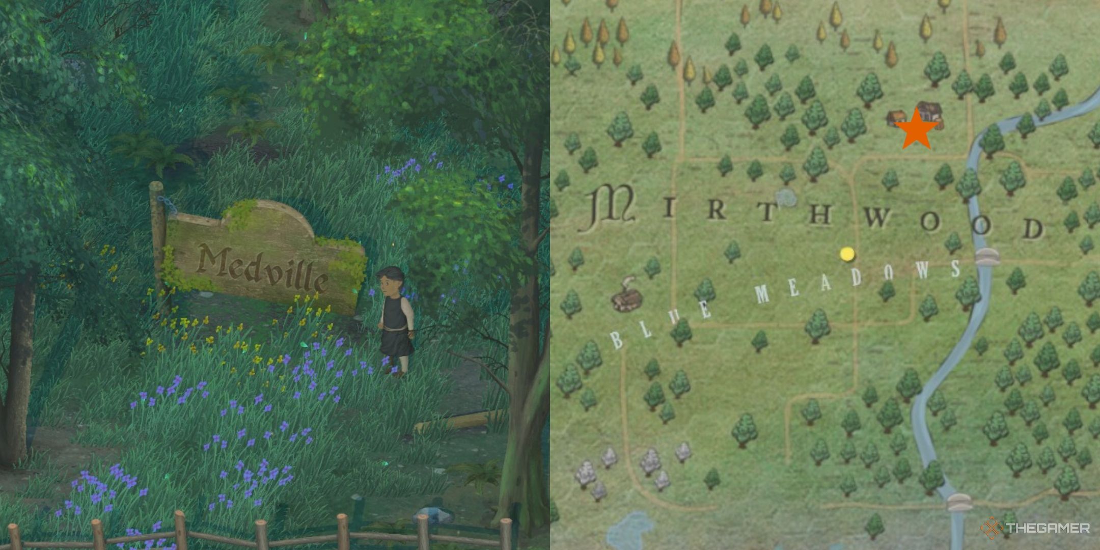 Player next to medville sign and orange star on map in Mirthwood.