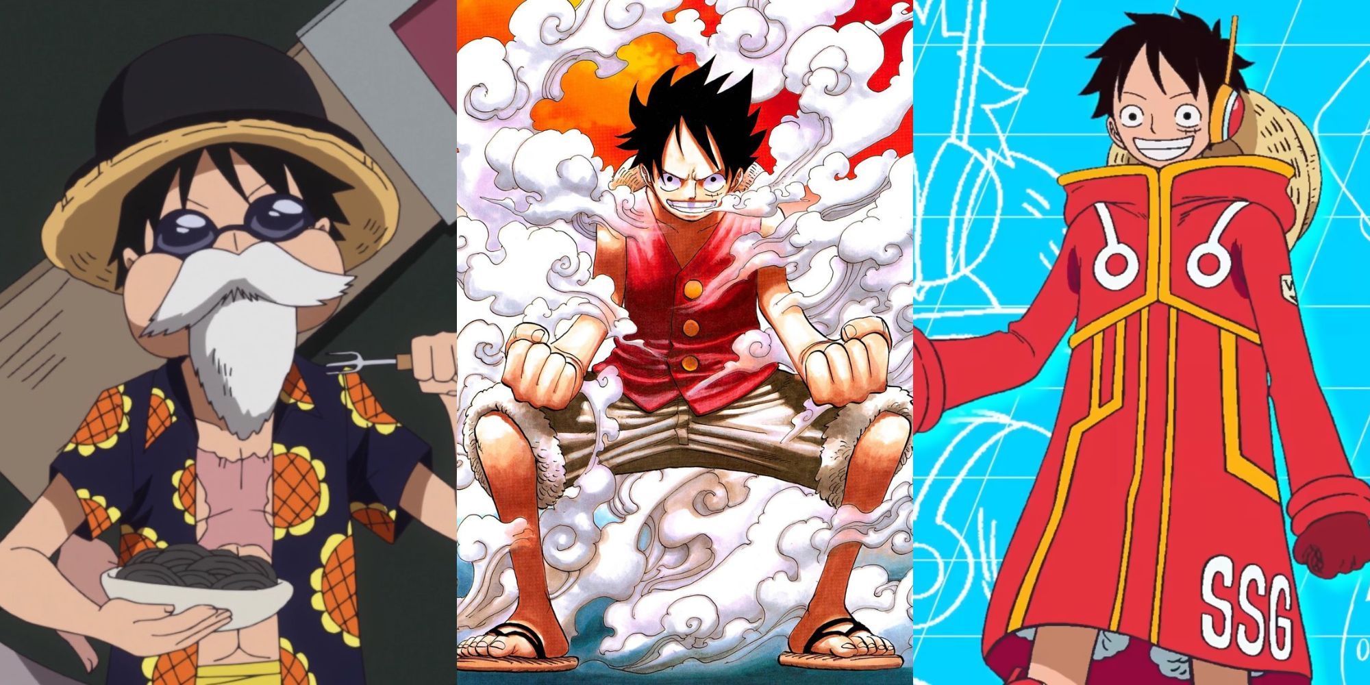 A collage of some of Monkey D. Luffy's best outfits: His Dressrosa Outfit, his Enies Lobby Outfit and his Egghead Outfit.