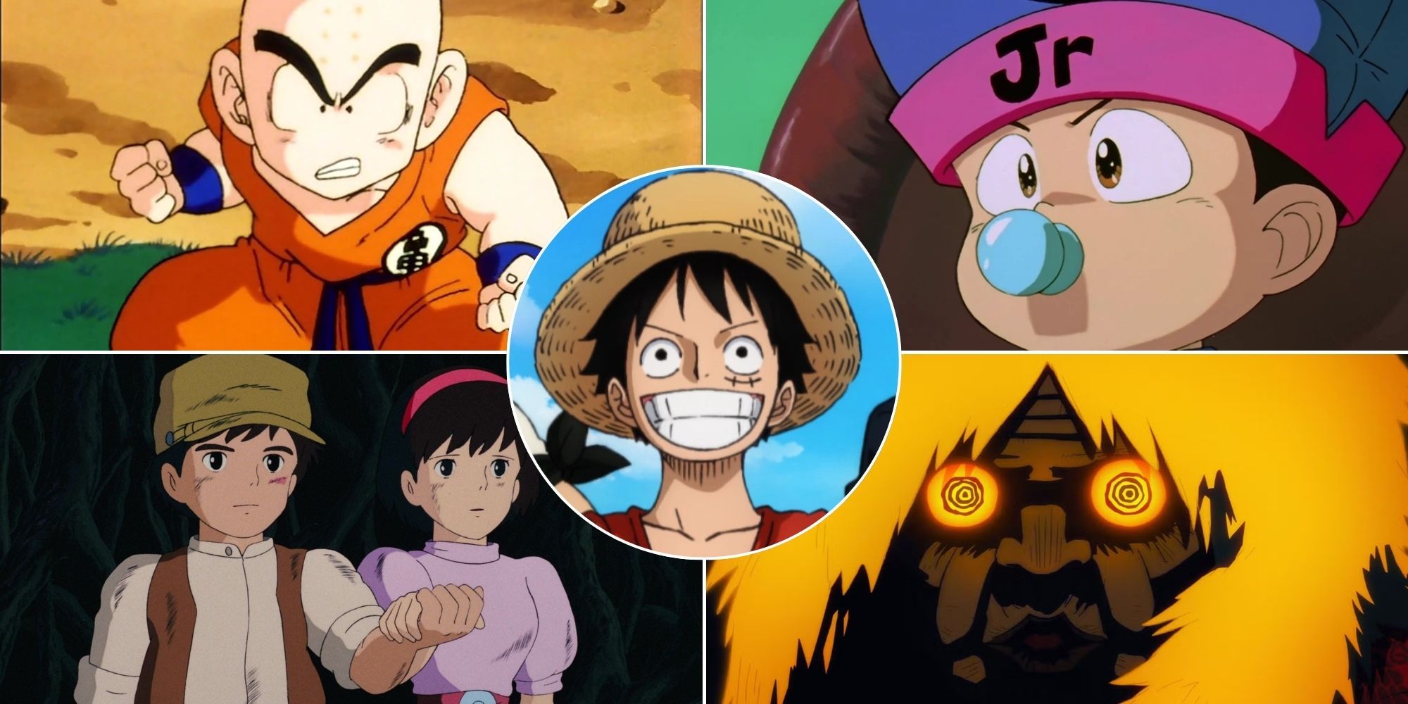 A collage of 4 characters who share VA with Luffy: Krillin from Dragon Ball, Koenma from Yu Yu Hakusho, Pazu from Castle in the Sky and Turbo Granny from DanDaDan.