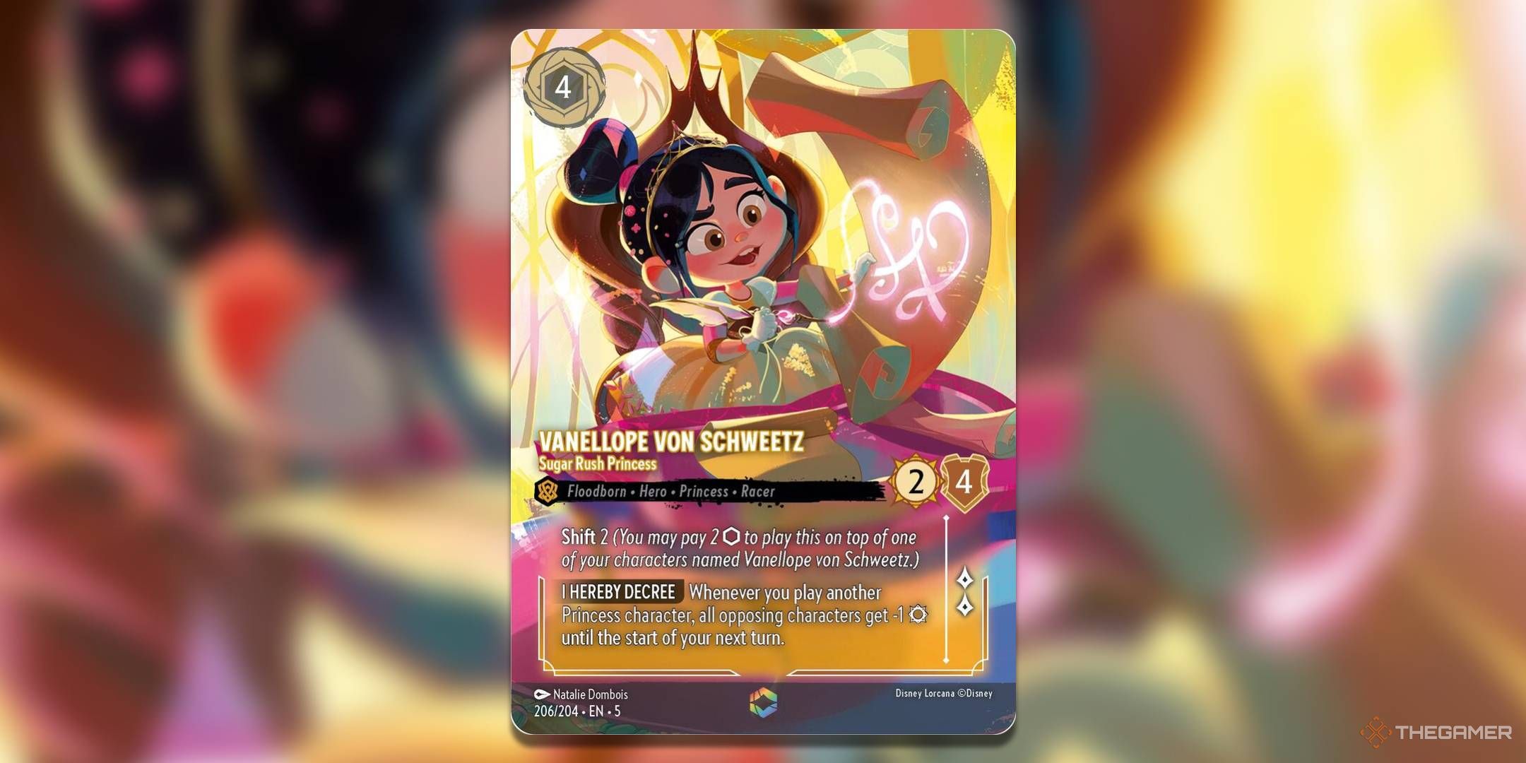 Disney Lorcana, Vanellope Von Schweetz, Sugar Rush Princess Enchanted card on a blurred background.