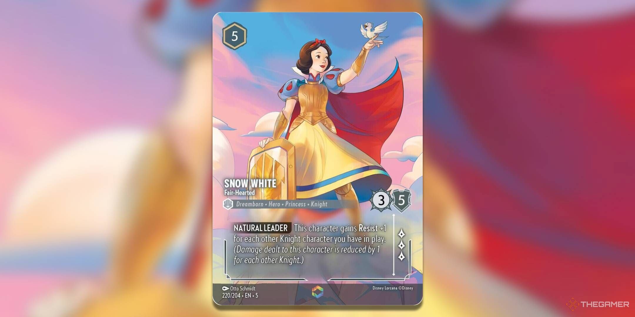 Disney Lorcana snow white enchanted card art on a blurred background.