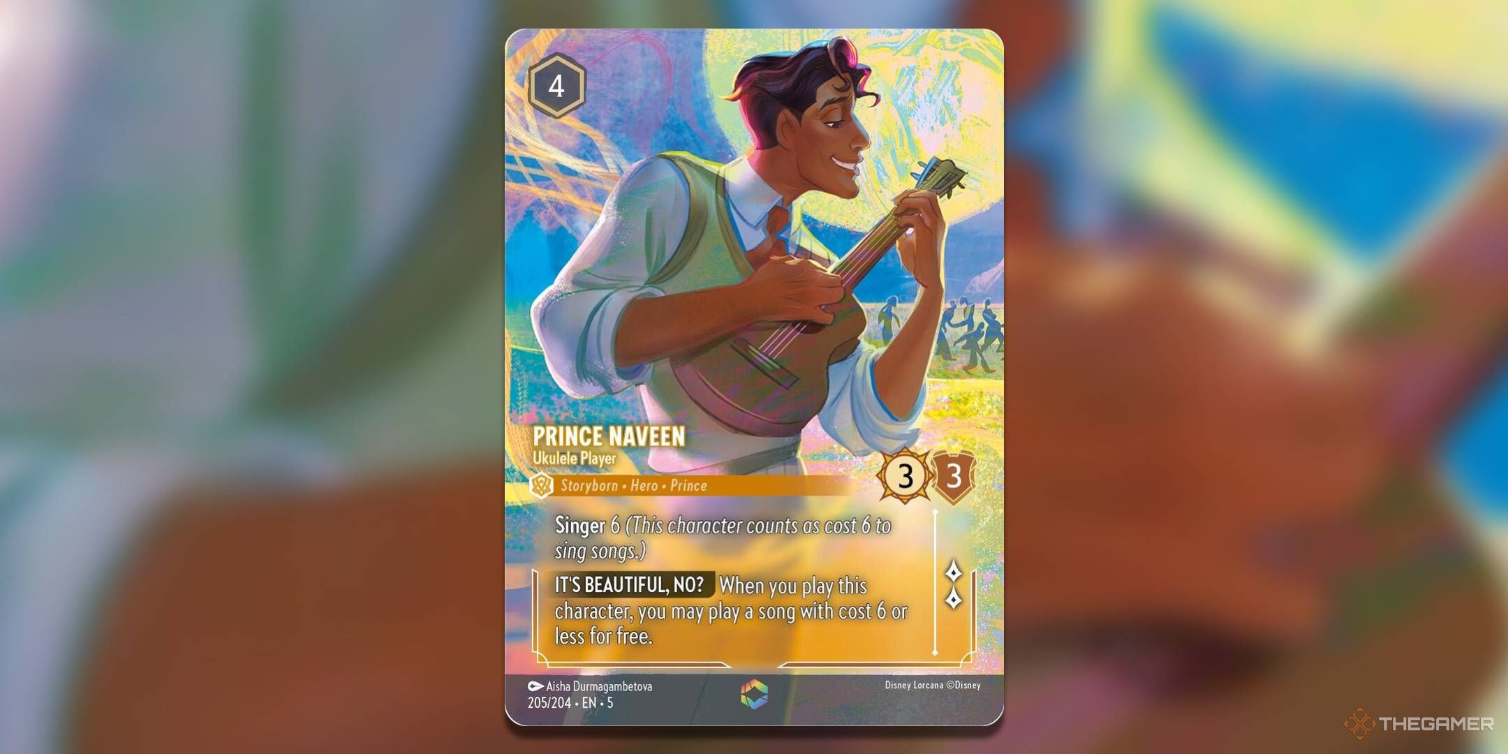 Prince Naveen, Ukulele Player Enchanted Lorcana Card On Blurred Background.