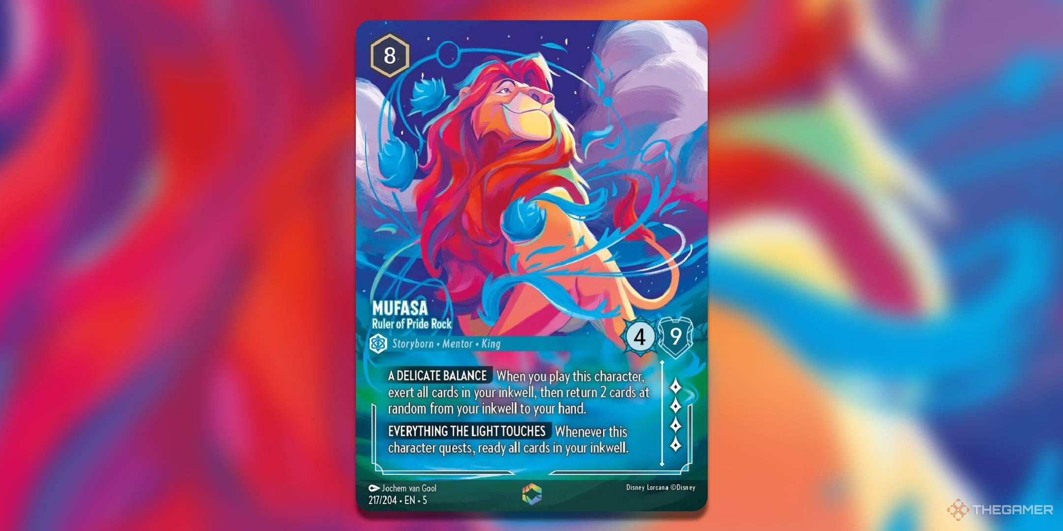 Mufasa, Ruler Of Pride Rock Enchanted Lorcana Card On Blurred Background.