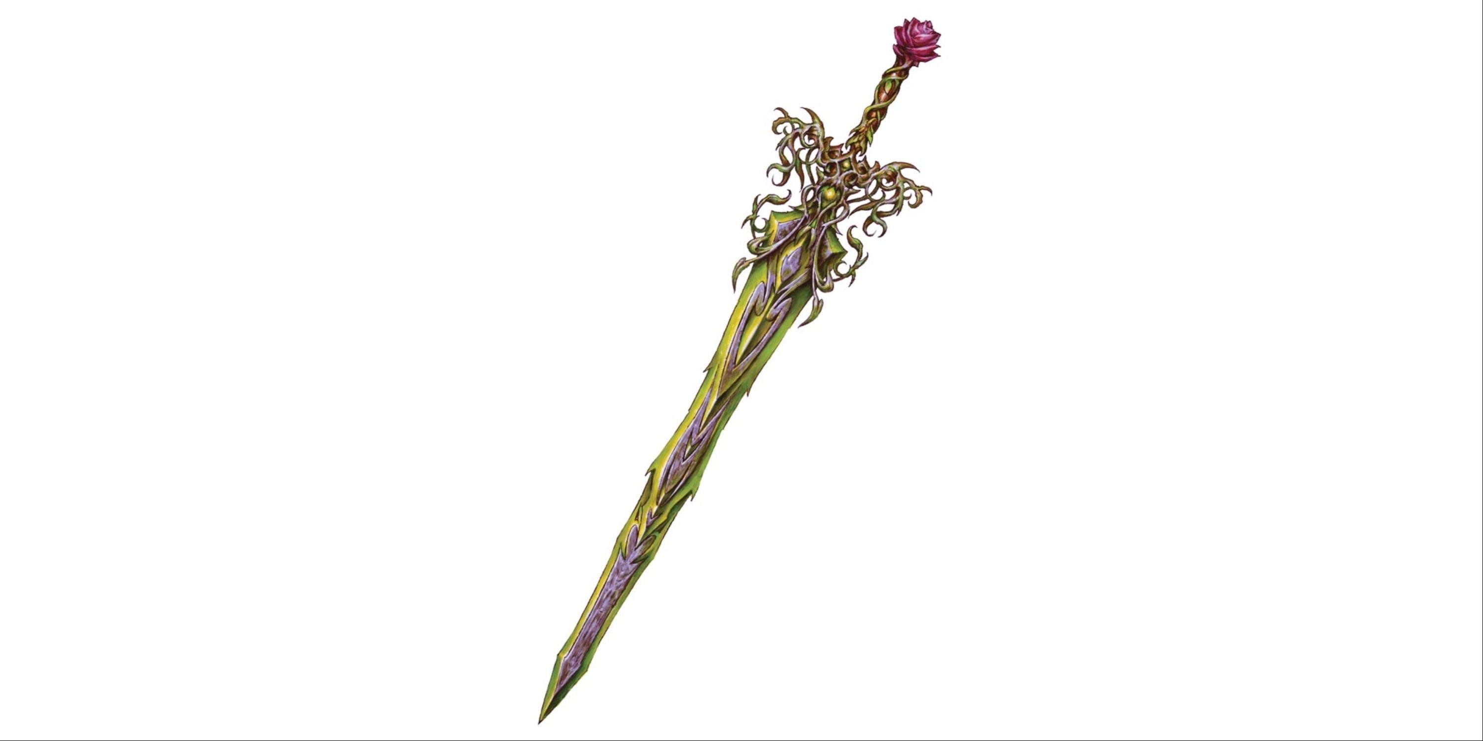 A beautiful greatsword decorated with a plant motif, and a red rose on the pommel.