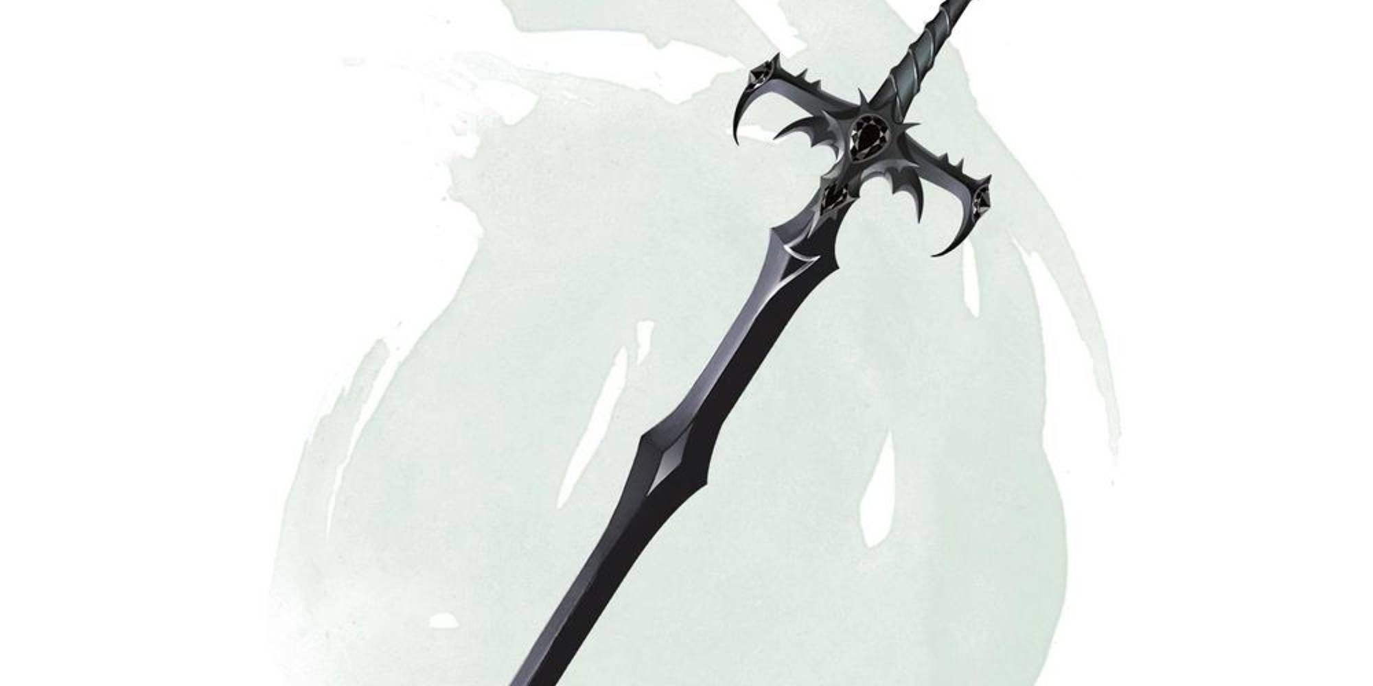 A dark sword that is slightly curved.