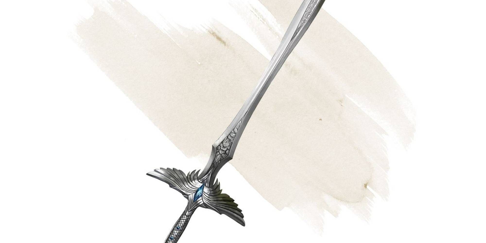 A silver sword with a blue gem in its grip.