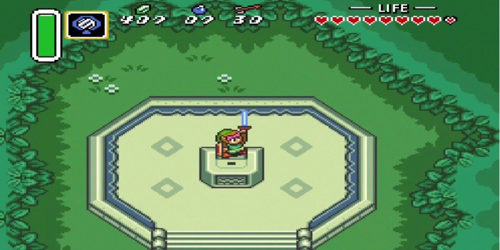 Link pulling the Master Sword in A Link to the Past.