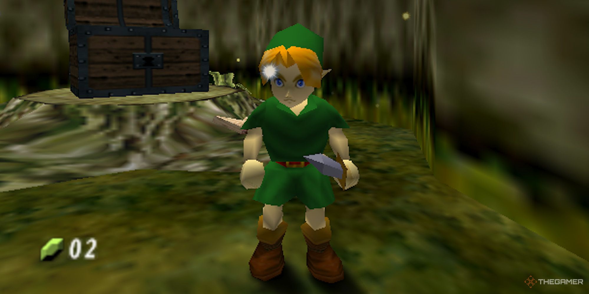 The Legend Of Zelda Ocarina Of Time - Link holding his sword in Kokiri Forest.