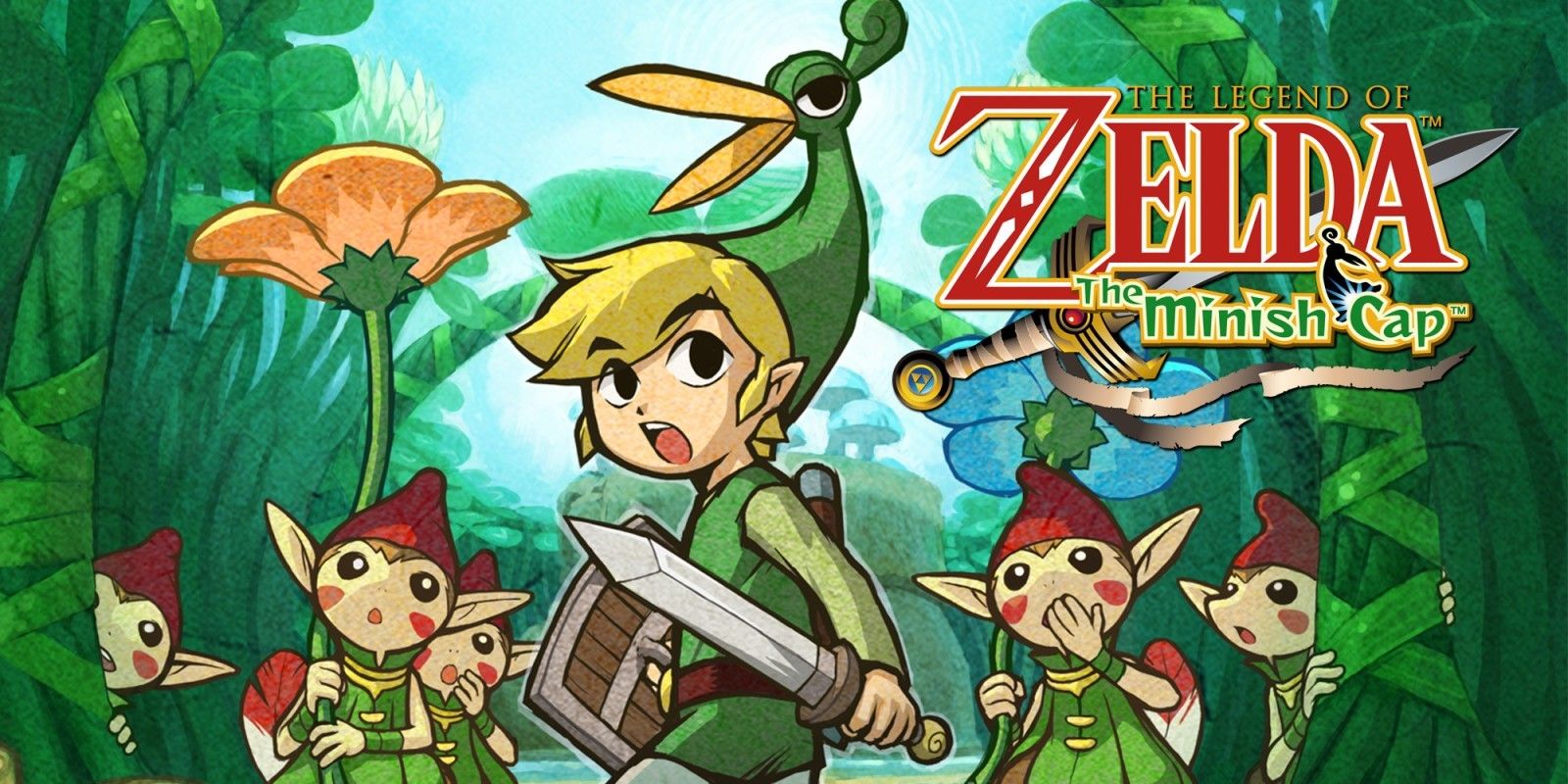 Link surrounded by the Minish in promo art for The Legend of Zelda: The Minish Cap.