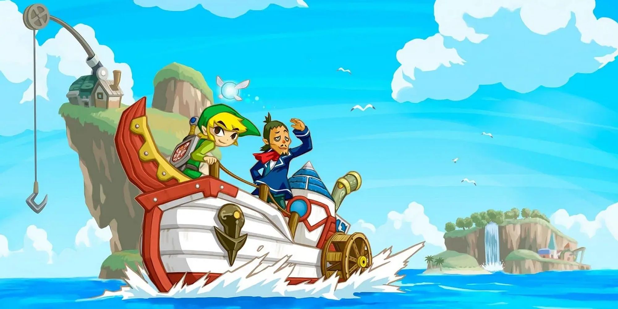 Phantom Hourglass: Link, his fairy companion, and Linebeck sailing.