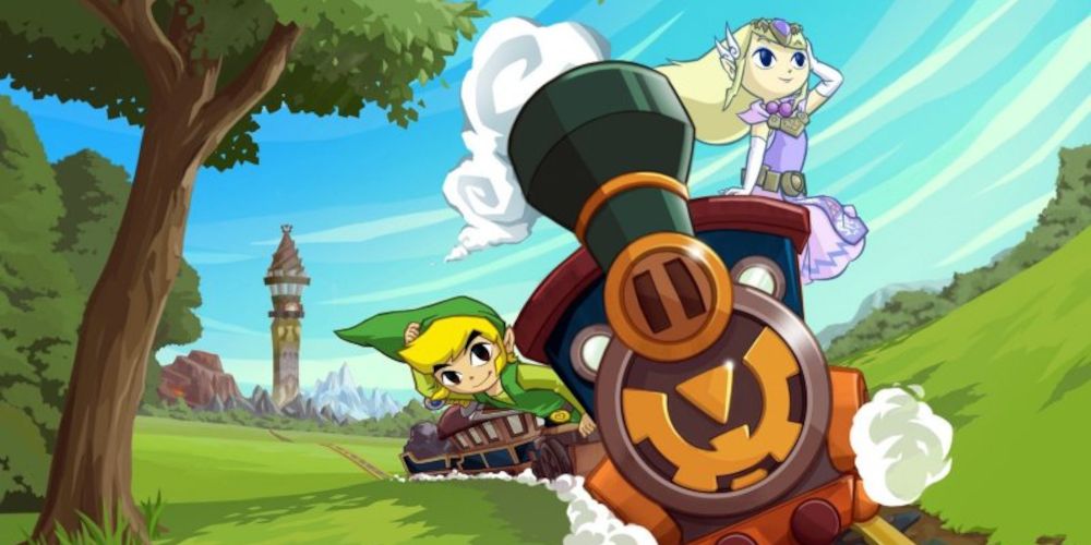 Link and Zelda ride a train across Hyrule in promo art for Zelda: Spirit Tracks.