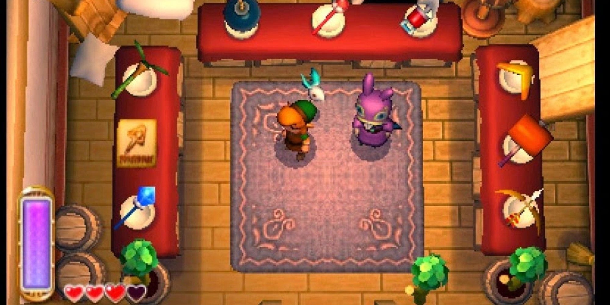 Link in Ravio's item shop in The Legend of Zelda: A Link Between Worlds. 