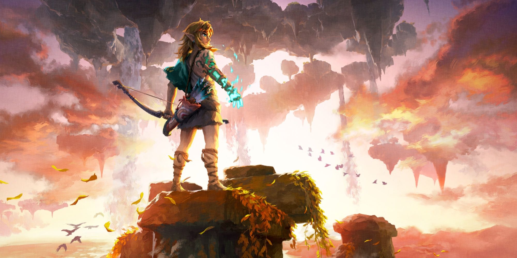 Zelda Tears of the Kingdom: Link stands atop a floating island in some painterly promo art.