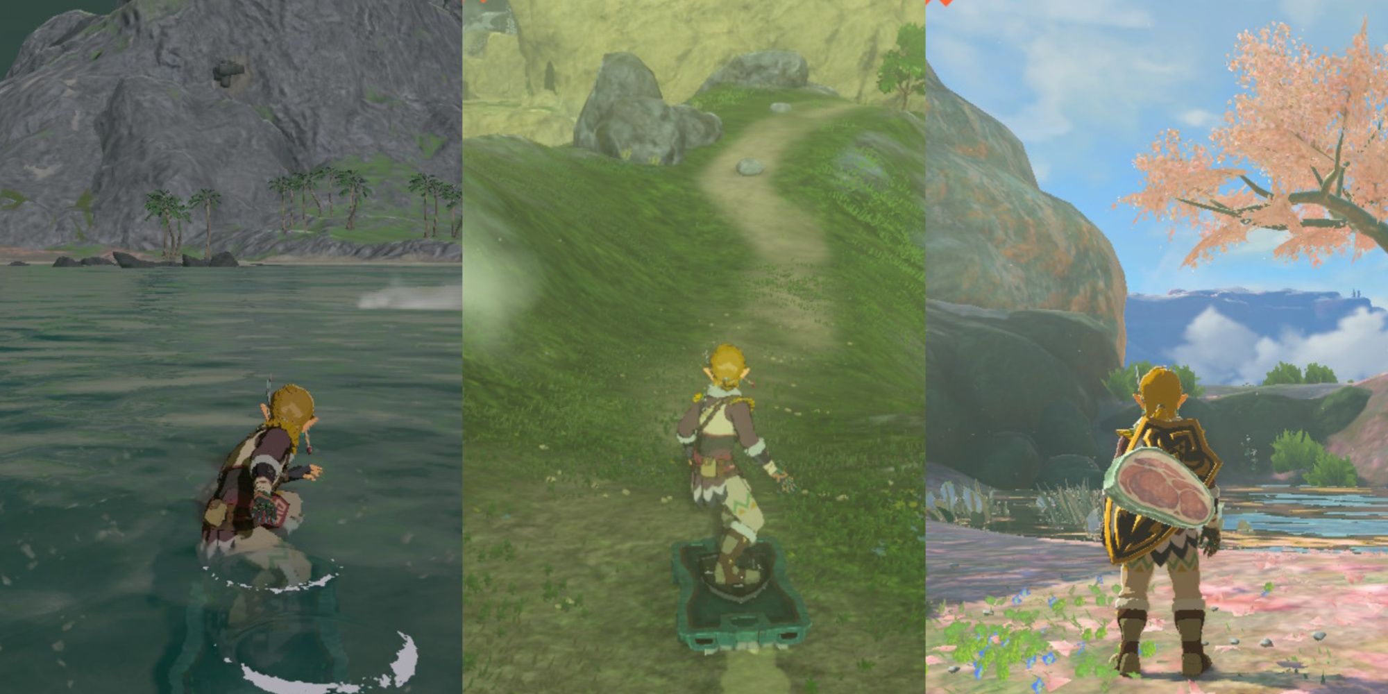 The legend of zelda tears of the kingdom feature image best places to shield surf, featuring the coasts of lurelin village, mount rhoam, and standing at satori mountain.