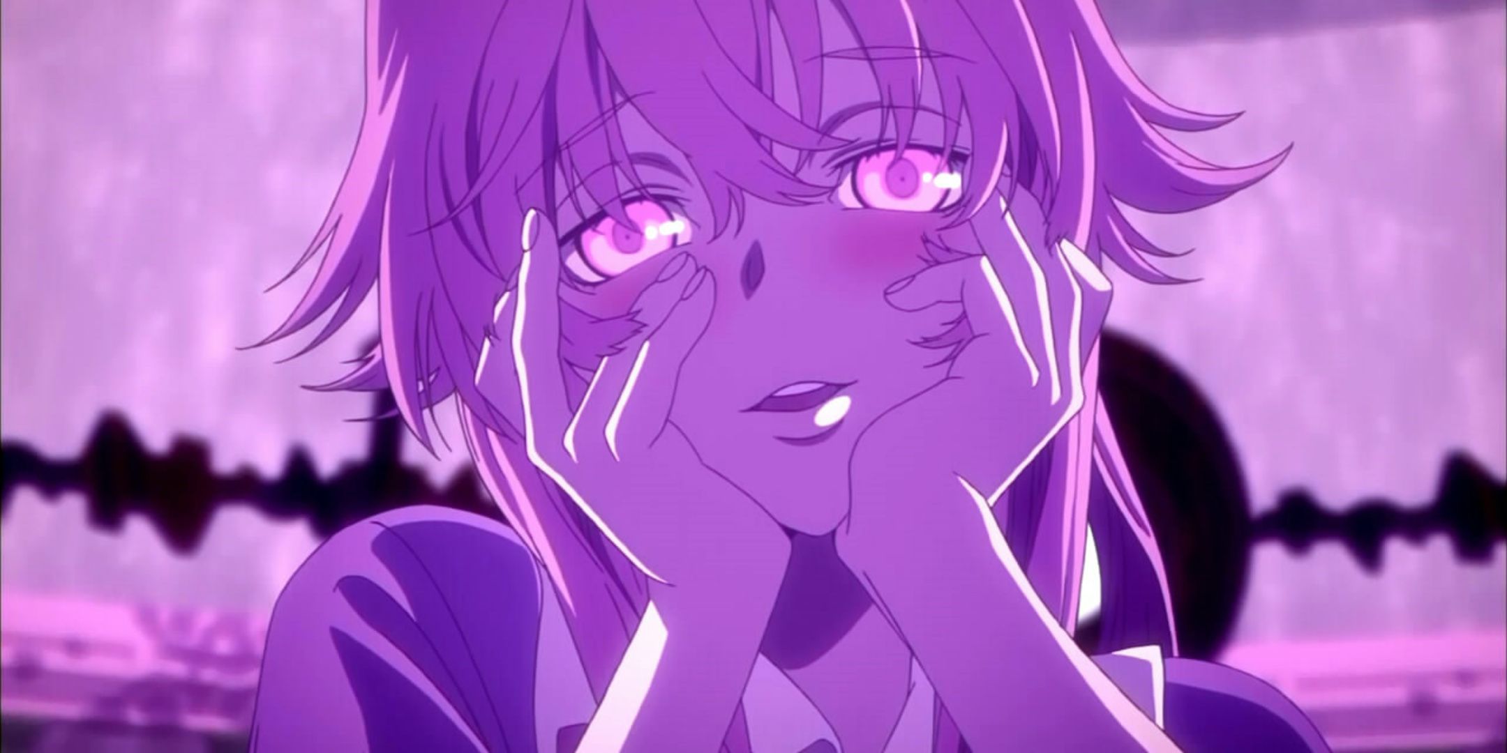 Yuno Gasai from The Future Diary as she thinks about Yukiteru, her hands clasped to her face and a blush on her cheeks.