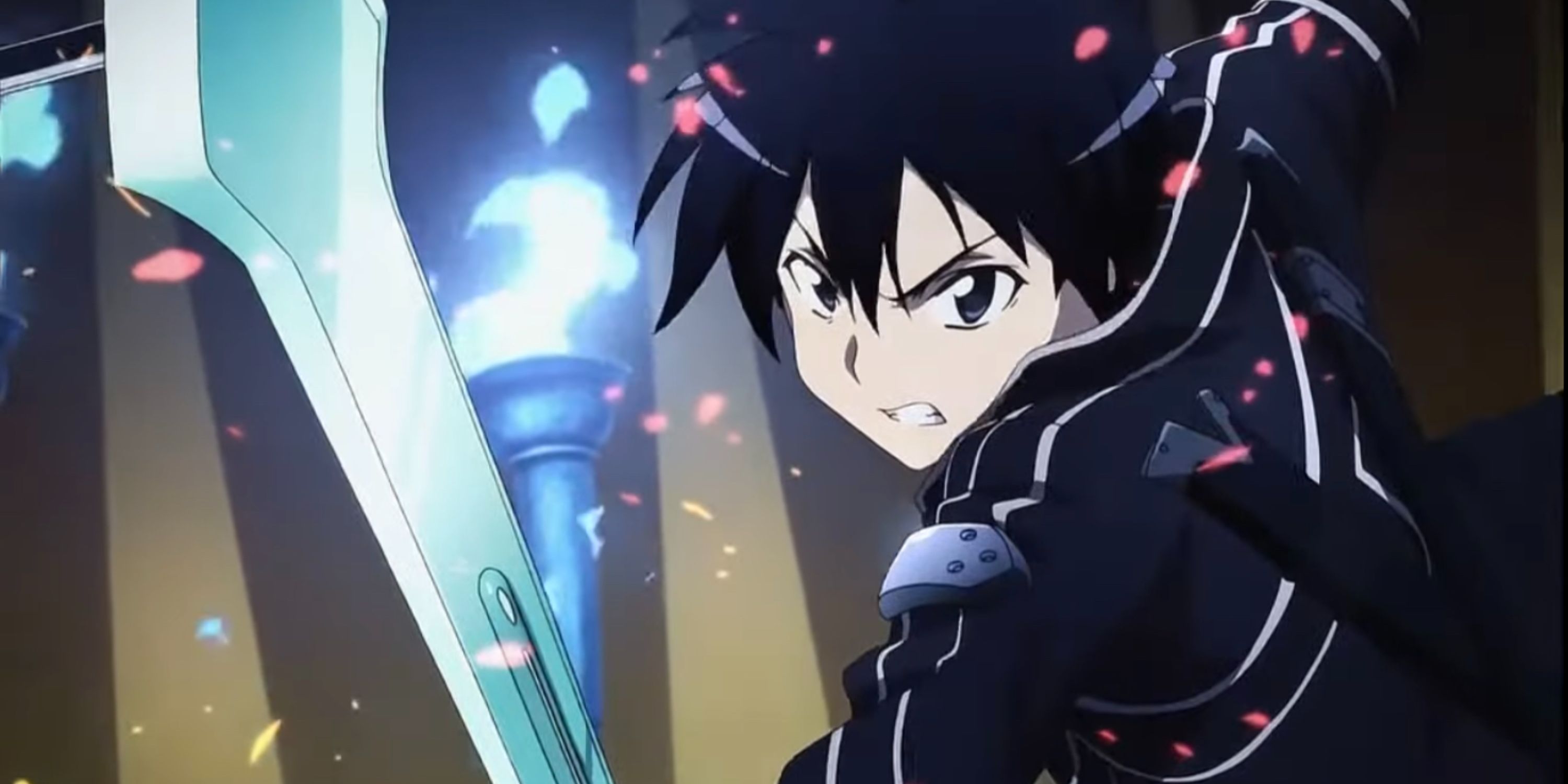 Kirito fighting a boss in Sword Art Online.