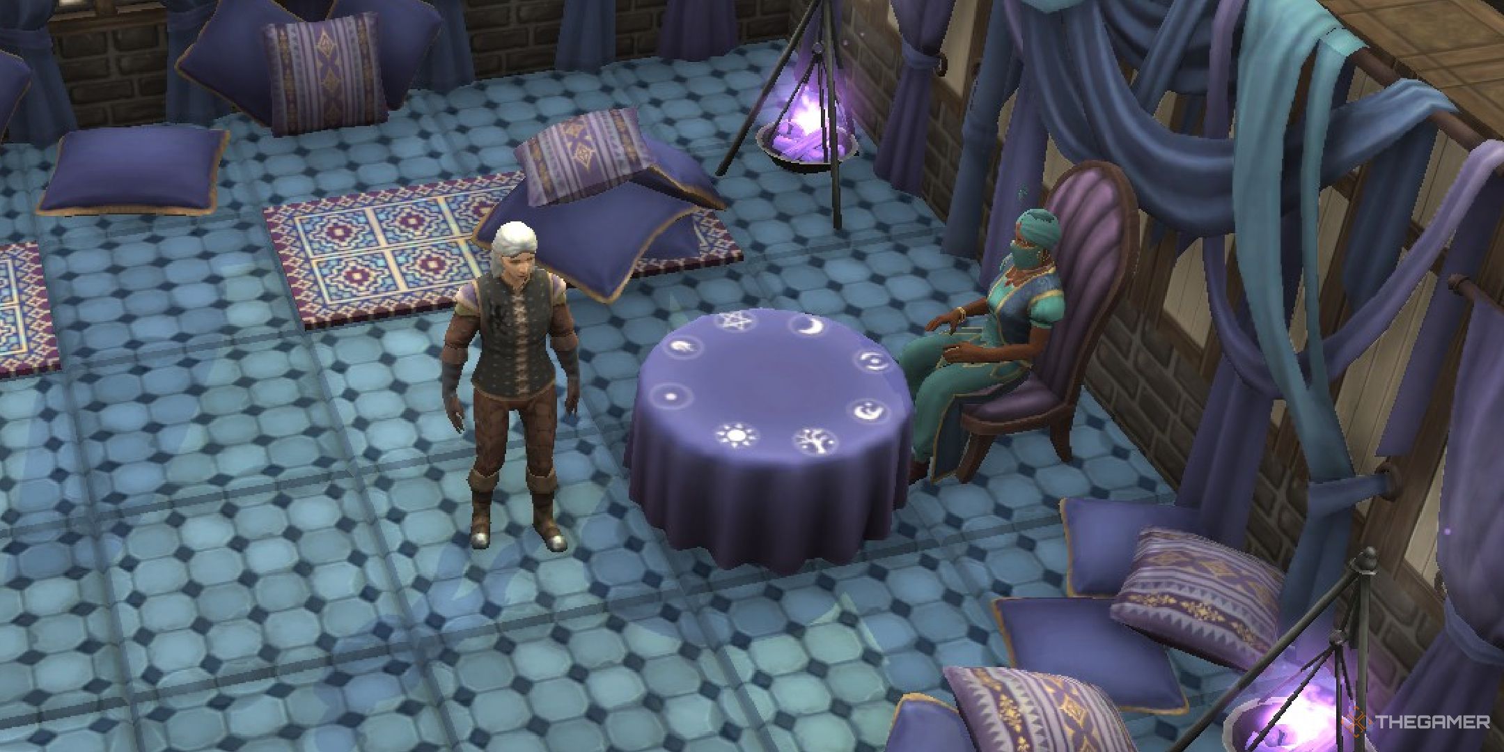 A player in Brighter Shores standing in the Enchantress Shop with the Enchantress.