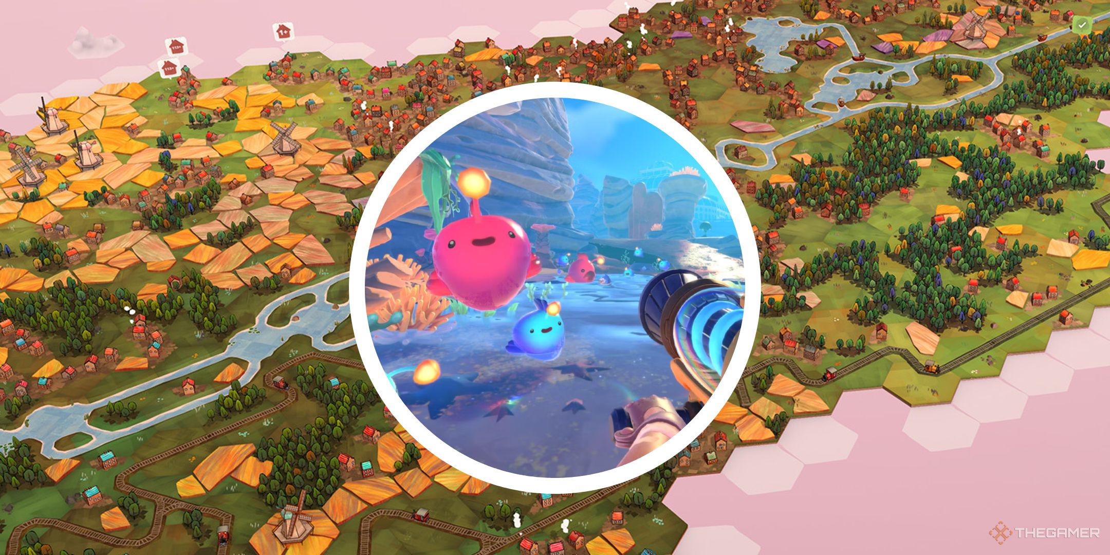 Dorfromantik background with slime rancher two gameplay in round png