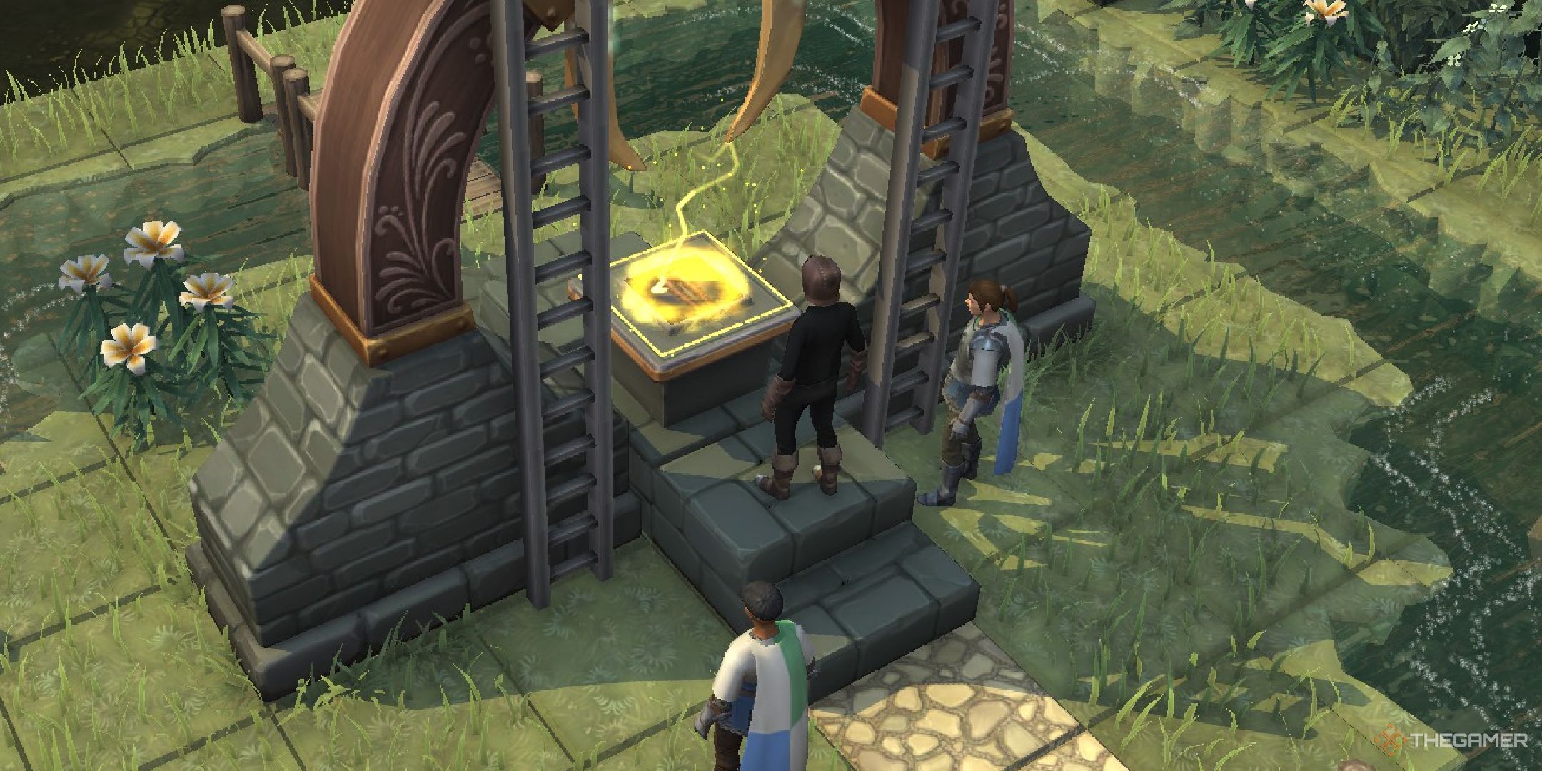 A player in Brighter Shores standing near the Hopeport Obelisk.