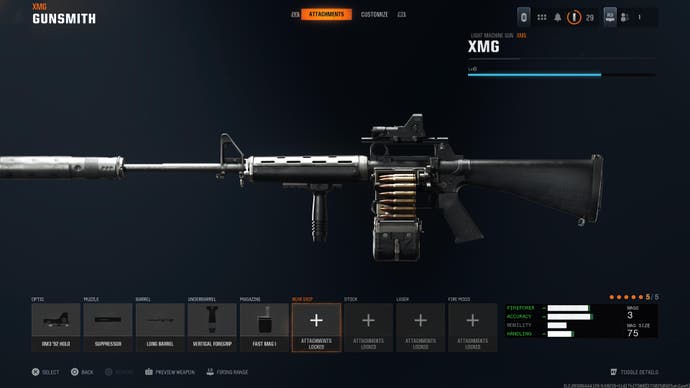 CoD Black Ops 6 screenshot showing the XMG gunsmith loadout screen