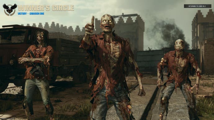 CoD Black Ops 6 screenshot showing three zombies in the post-match winner screen, one giving a thumbs up