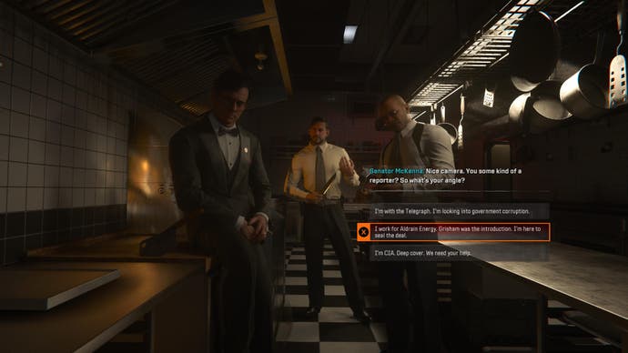 CoD Black Ops 6 screenshot showing a corrupt senator dialogue option during the campaign as you bluff his goods in an empty kitchen