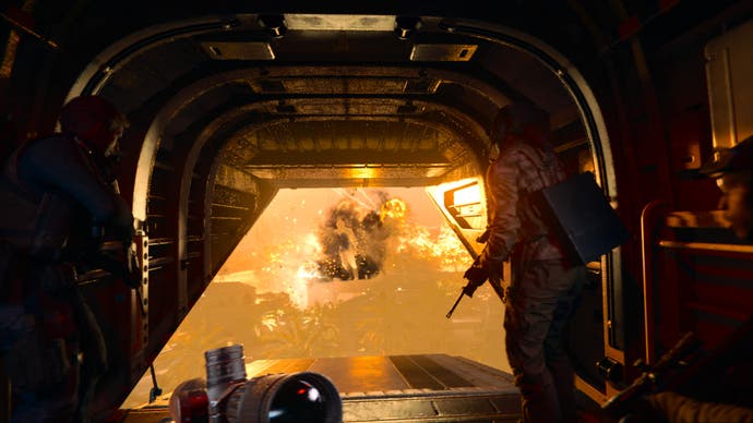 CoD Black Ops 6 screenshot showing a fiery explosion out the back of a plane