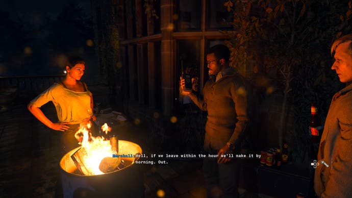 CoD Black Ops 6 screenshot showing the main campaign characters hanging out around a fire at the safe house